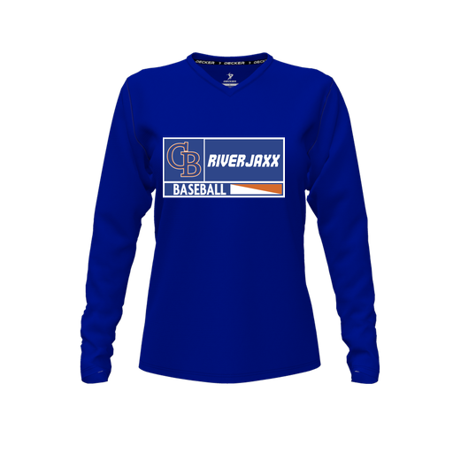 [CUS-DFW-TEES-CMF-VNK-LSL-RYL-FYXS-LOGO2] Decker Comfort T-Shirt (Female Youth XS, Royal, V Neck, Logo 2, Long Sleeve)
