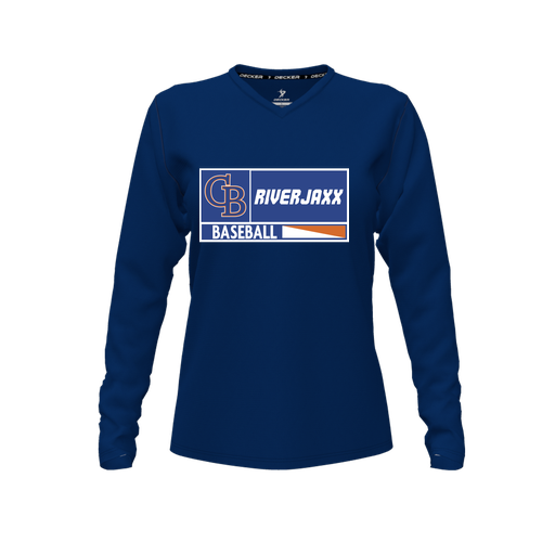 [CUS-DFW-TEES-PER-VNK-LSL-NVY-FYXS-LOGO2] Decker Performance T-Shirt (Female Youth XS, Navy, V Neck, Logo 2, Long Sleeve)