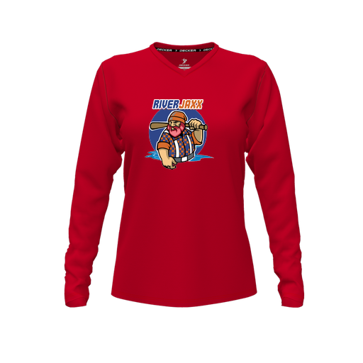 [CUS-DFW-TEES-PER-VNK-LSL-RED-FYXS-LOGO1] Performance T-Shirt (Female Youth XS, Red, V Neck, Logo 1, Long Sleeve)