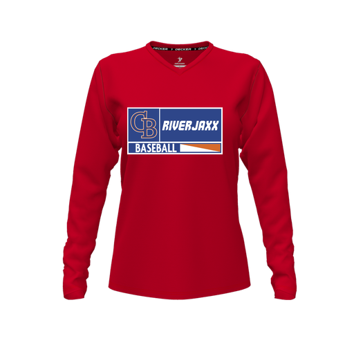 [CUS-DFW-TEES-PER-VNK-LSL-RED-FYXS-LOGO2] Performance T-Shirt (Female Youth XS, Red, V Neck, Logo 2, Long Sleeve)